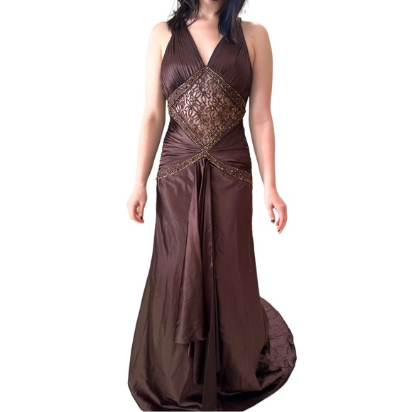 ALYCE DESIGNS Chocolate Brown Satin Formal Gown With Train and Cutout Midriff - Picture 4 of 16